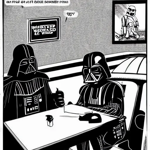 Image similar to Darth Vader having a undulating wildly about his custom order being wrong at Wendy's drive-through, sitting in his TIE FIGHTER.