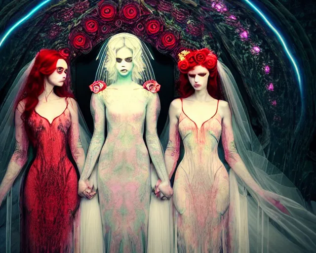 Image similar to three stunning otherworldly gothic goddesses with beautiful angelic faces, wearing psychedelic wicca, in wedding dresses, red neon roses, full body, dark and mysterious, atmospheric, ominous, eerie, cinematic light, epic, 8 k 3 d, ultra detail, ultra realistic, by wlop, by mucha