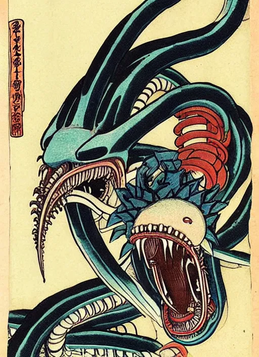 Image similar to the xenomorph as a yokai illustrated by kawanabe kyosai and toriyama sekien