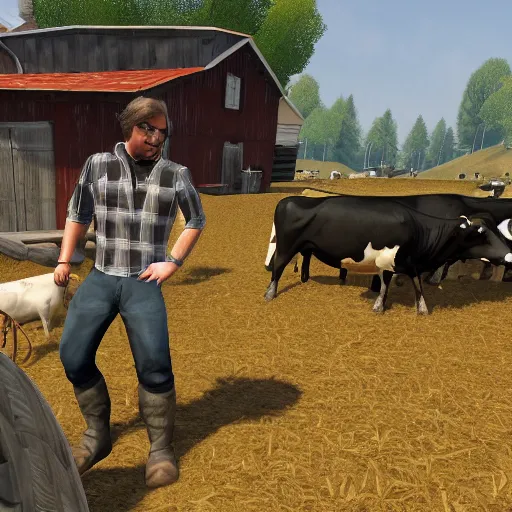 Image similar to Gabe Newell is milking the cows on his farm, source engine