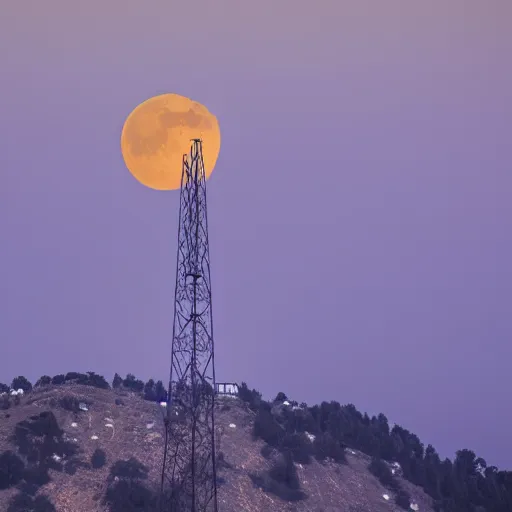 Image similar to Night photography of a misty mountain with a radio tower on top, and a yellow moon directly behind it. Lens compression