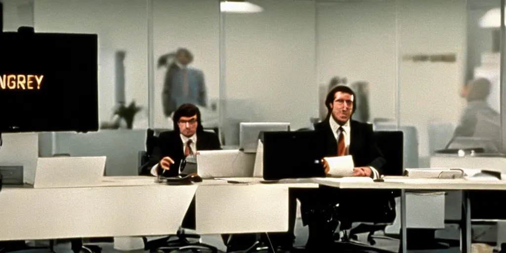 Prompt: screenshot of sharone stone as office cheif at a private company, 1 9 7 0 s psychological thriller by stanely kubrick film, color kodak, anamorphic lenses, detailed faces, moody cinematography