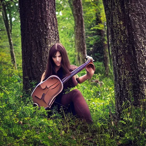 Prompt: young woman with long dark hair playing mandolin in the woods, HD photography, trending on artstation