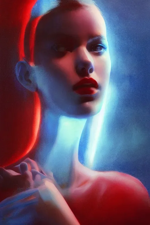 Image similar to 3 d, sci - fi, morning, sleepy fashion model face, sun rays, cinematic, lightning clouds, vogue cover style, stanley kubrick, light red and deep blue mood, realistic painting, intricate oil painting, high detail, figurative art, multiple exposure, poster art, 3 d, by tooth wu and wlop and beeple and greg rutkowski