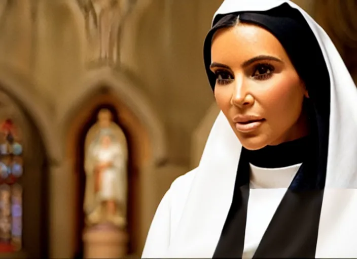 Prompt: a movie still of kim kardashian as a nun with her bust slightly showing. backround : church interior