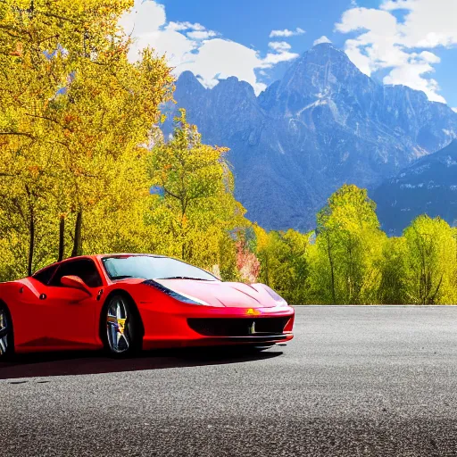 Image similar to a beautiful ferrari park next to a tree it's a sunny day with no cloud in the sky and there is one road next to the car the background is a view of mountains professional photograph