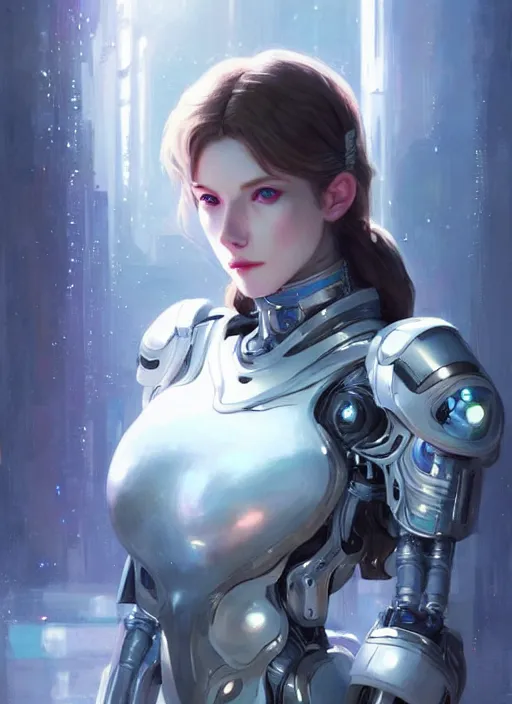 Image similar to close up pale woman in sci - fi bionic armor, looking at the camera very intensely, stoic, sparkling eyes, extremely beautiful and aesthetic and attractive detailed face and body, intricate, chiaroscuro, model pose, fantasy illustrations, light novel cover art, by makoto shinkai and jeremy lipking and ferdinand knab