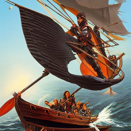 Image similar to a black bird standing at the helm of a wooden rowboat filled with dnd fighters sailing towards a ancient sailboat, painting by artgerm and Jeff Easley