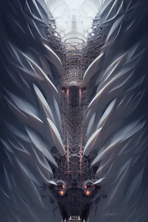 Image similar to professional concept art symmetrical portrait of a terrifying! mechanical predatory! fractal! species in a dark room by artgerm and greg rutkowski. an intricate, elegant, highly detailed digital painting, concept art, smooth, sharp focus, illustration, in the style of cam sykes.