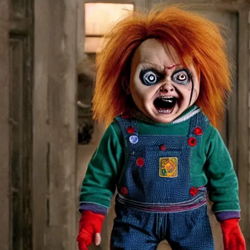 Image similar to screaming chucky doll and emma watson in new harry potter movie, poster