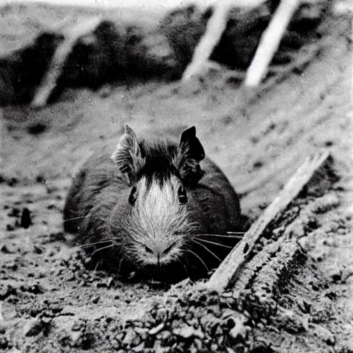 Image similar to a grainy black and white photograph of a guinea pig standing in a trench, ww1, the guinea pig is wearing a russian ww1 uniform