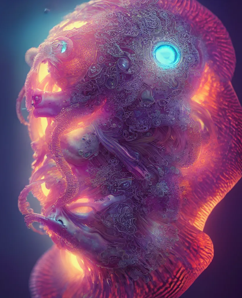 Image similar to goddess close-up portrait. orchid jellyfish phoenix head, nautilus, skull, betta fish, bioluminiscent creatures, intricate artwork by Tooth Wu and wlop and beeple. octane render, trending on artstation, greg rutkowski very coherent symmetrical artwork. cinematic, hyper realism, high detail, octane render, 8k