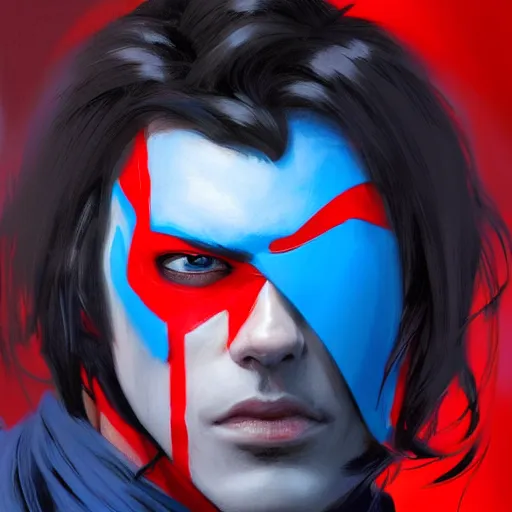 Image similar to ultra realistic illustration, man with black hair with a black mask, in blue hood, red and blue eyes, highly detailed, digital painting, artstation, concept art, smooth, sharp focus, illustration, art by artgerm and greg rutkowski and alphonse mucha