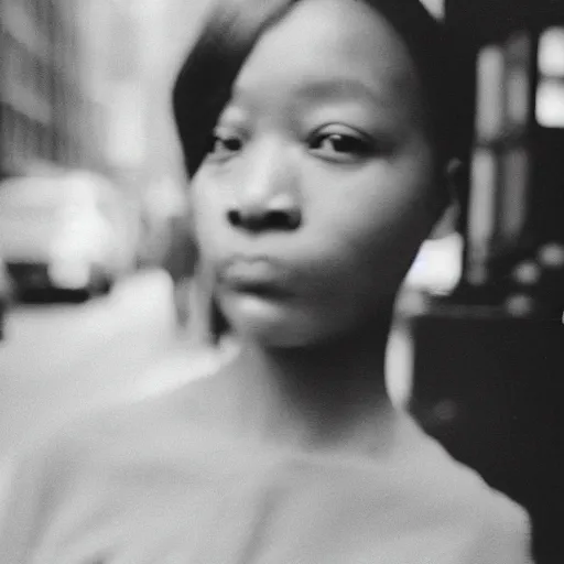 Prompt: medium format film candid portrait of a woman in new york by street photographer, 1 9 6 0 s, depth of field woman portrait featured on unsplash, photographed on colour expired film