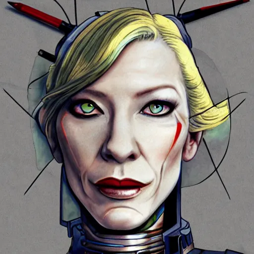 Image similar to cyborg cate blanchett, anime,drawing ,steampunk