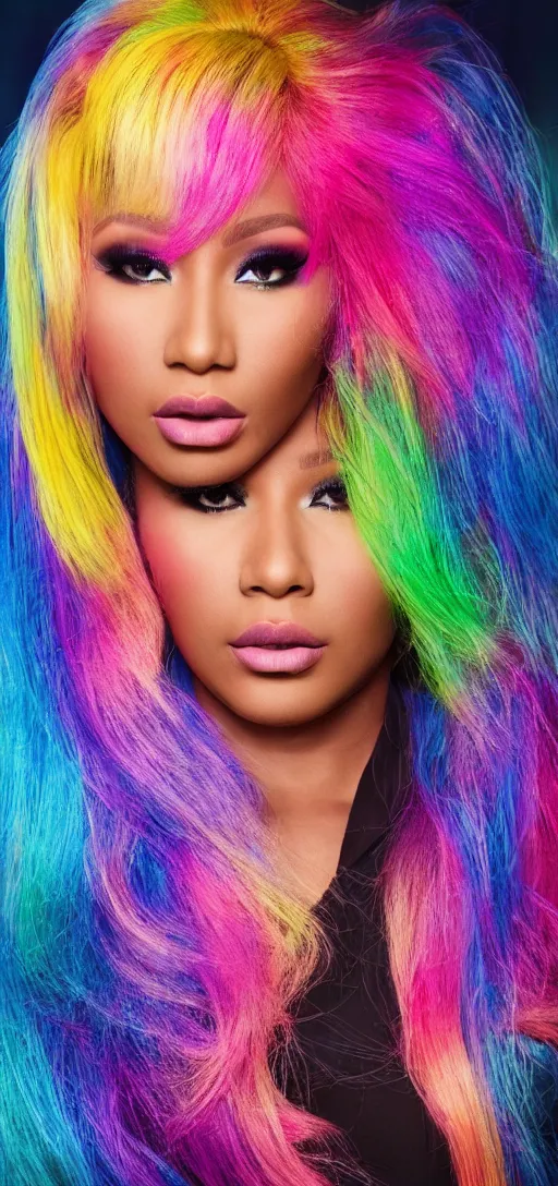 Image similar to nicki minaj, glowing hair, 8 k, cinematic light shadows, wet hdr refractions