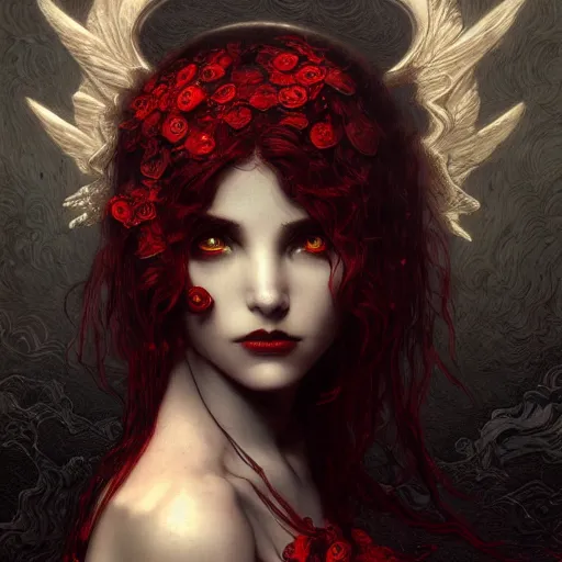 Image similar to gustave dore beautiful desirable vampire girl with ivory skull wings with some crimson, black background, beautifully lit, hyperdetailed, lighting, featured on artstation, by james jean, moebius, cory loftis, craig mullins, rutkowski, mucha klimt and tom bagshaw, 4 k, micro details