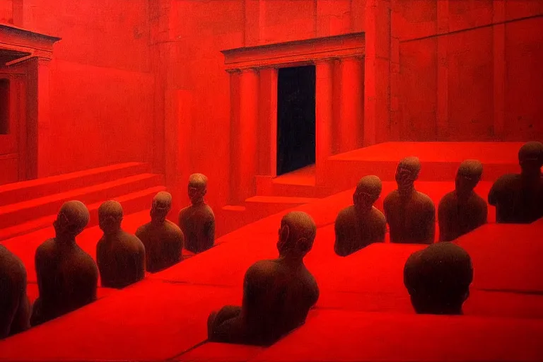 Image similar to only with red, crowd screaming, an exposed painting in a roman theater, in the style of beksinski, parts by edward hopper, parts by rodcenko, parts by yue minjun, intricate and epic composition, red by caravaggio, insanely quality, highly detailed, masterpiece, red light, artstation, 4 k