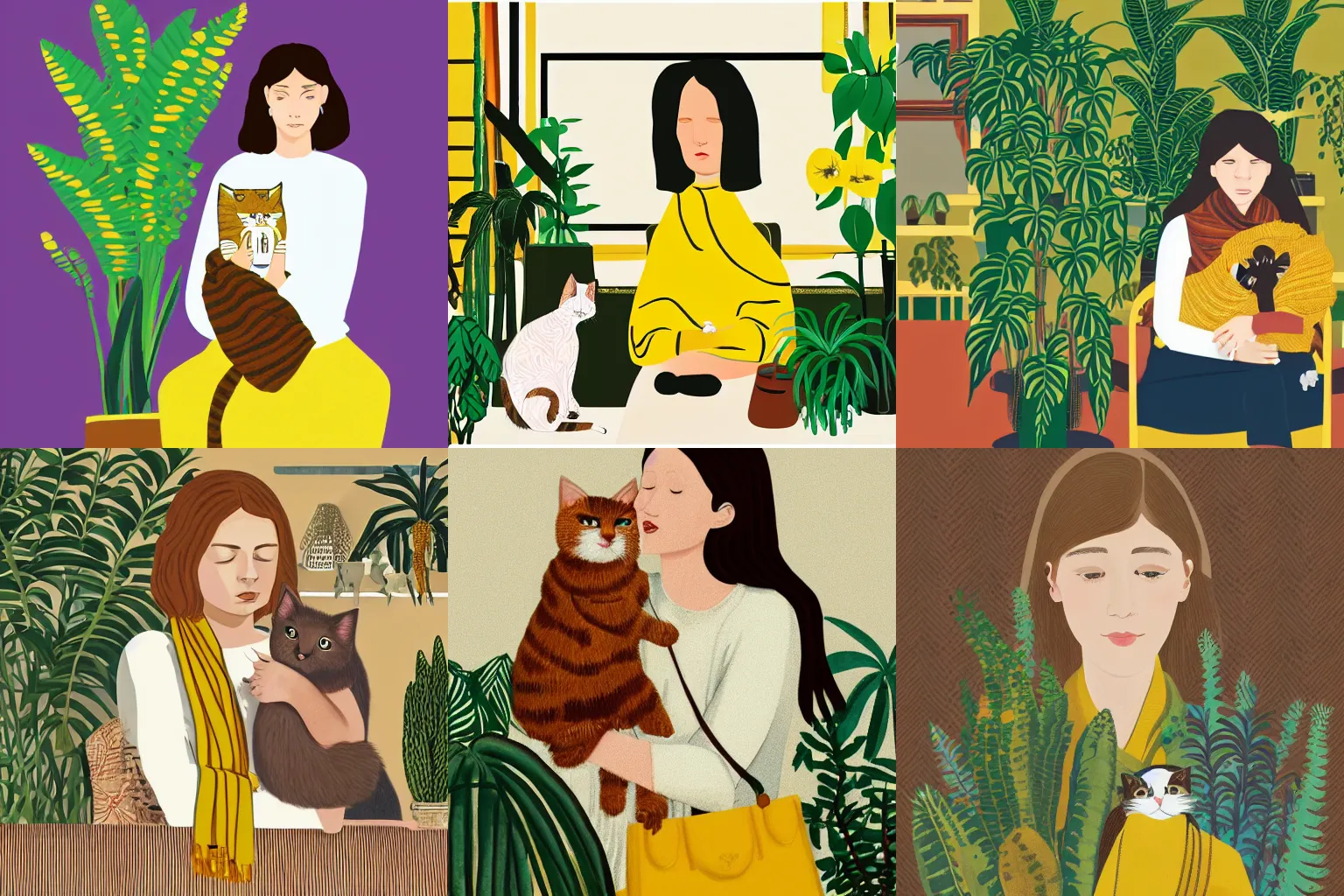 Prompt: girl with brown bob hair in a yellow scarf sitting on a coach in a white interior room and holding a cat in her hands, by wes anderson, surrounded by indoor plants, illustration