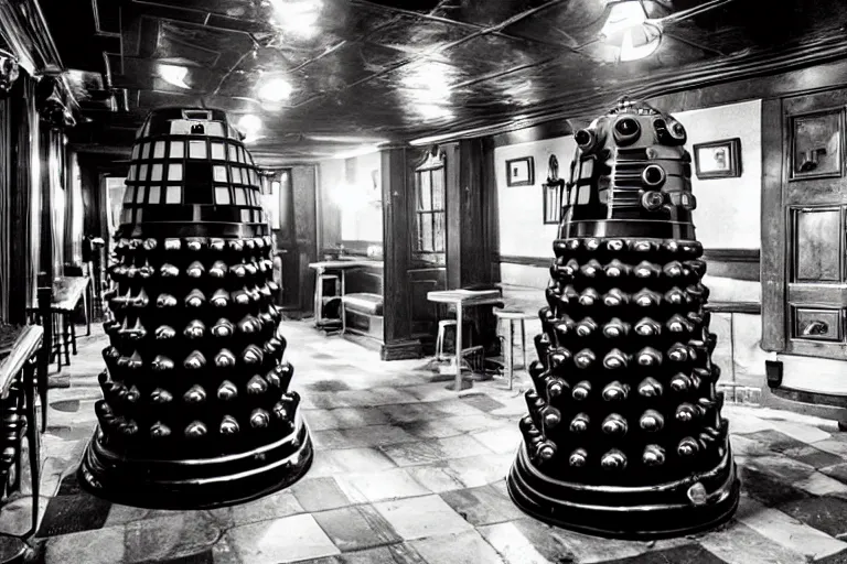 Image similar to photograph of a dalek in a traditional london pub, highly detailed, dramatic lighting, intense shadows, rich deep colours