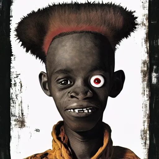 Image similar to an african boy from the movie tank girl, by jamie hewlett and sawoozer and roger ballen,