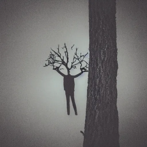 Prompt: insane nightmare, no light, everything is blurred, creepy shadows, a hanged man on a tree branch , very poor quality of photography, 2 mpx quality, grainy picture