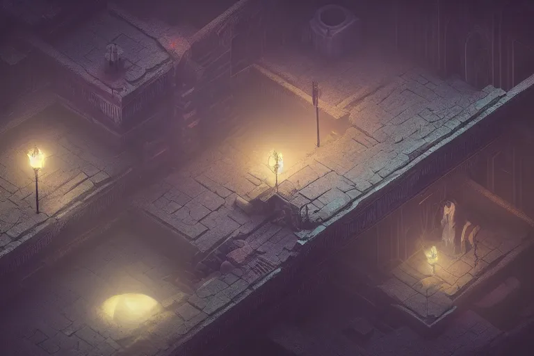 Prompt: Isometric dark moonlit RPG level, 3d render, octane render, by Greg Rutkowski