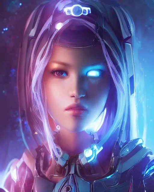 Image similar to perfect android girl on a mothership, warframe armor, beautiful face, scifi, futuristic, galaxy, nebula, bae suzy, dreamy, long white hair, blue cyborg eyes, sharp focus, cinematic lighting, highly detailed, artstation, divine, by gauthier leblanc, kazuya takahashi, huifeng huang