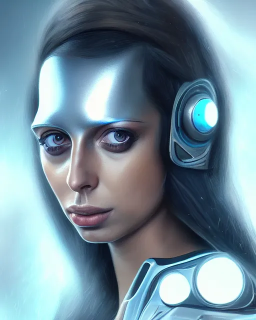 Image similar to portrait of angela sarafyan as a beautiful cyborg, wlop, artgerm, artstation, metallic carbon fiber