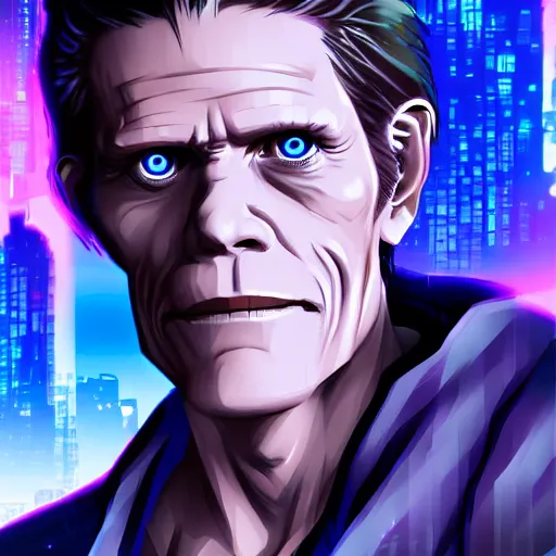 Image similar to willam dafoe as the main character of a cyberpunk anime in the style of bladerunner by wlop and greg rutkowsky