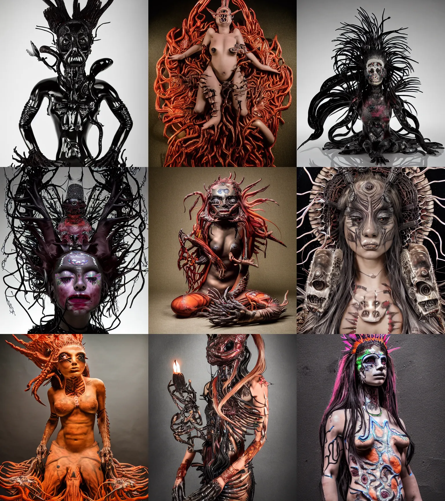 Prompt: cuaxolotl, the dual goddess of death and fertility, the fire goddess, a beautiful young indigenous mexican woman. shiny obsidian glass, intricate 8 k detail, techno artwork, nychos art aesthetic, anatomy nychos, jordan matter photography, dark dance aesthetic, dance photography sofie dossi jordan matter, murano glass sculpture