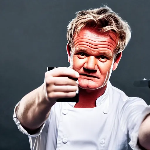 Prompt: gordon ramsey holding handgun, selfie, phone camera, famous chef gordon ramsey, pointing gun at camera, realistic photography