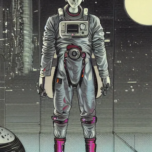 Image similar to cyberpunk japanese man with long limbs and a black spacesuit on a spacewalk, techwear, Industrial Scifi, detailed illustration, character portrait, by Martin Grip and Moebius