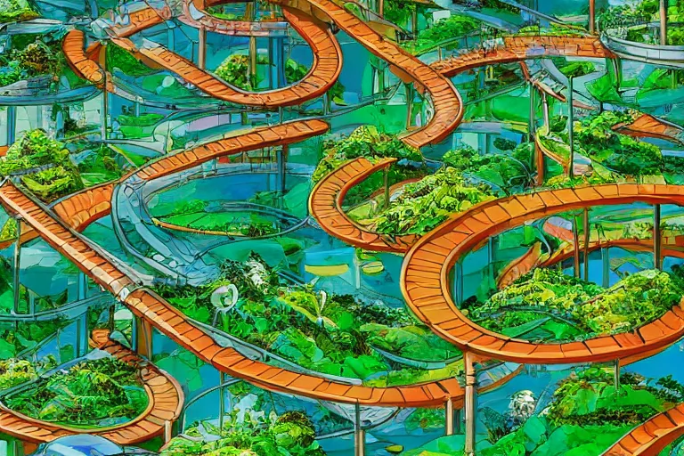 Prompt: an optimistic futuristic landscaped streams and wide conveyor belts, isometric contours - the main method of transport for people is to swim but some people stand on the conveyor belt, pop motifs, by ghibli, cannabis land