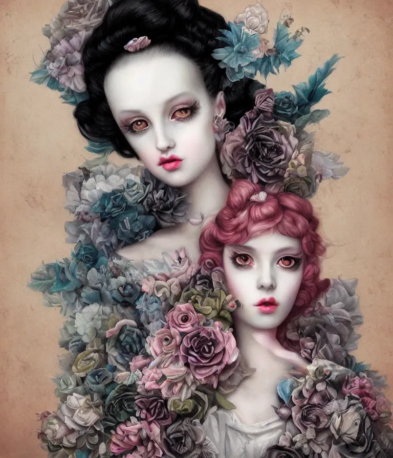 Image similar to pop surrealism, lowbrow art, realistic marie antoinette girl painting, japanese street fashion, hyper realism, muted colours, rococo, natalie shau, loreta lux, tom bagshaw, mark ryden, trevor brown style