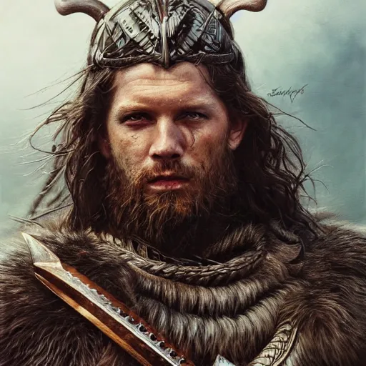 Prompt: Official photo of a majestic fierce barbarian man, leader, strong, highly detailed, viking attire, cinematic, 16k, 1080s, by Stanley Artgermm, Tom Bagshaw, Greg Rutkowski, Vincent di Fate, Carne Griffiths, Ayami Kojima, WLOP, trending on DeviantArt, hyper detailed, full of color, digital art,
