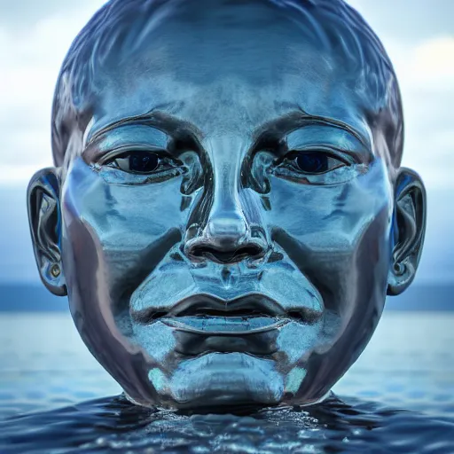 Image similar to a giant water sculpture of a human head, on the ocean water, cinematic, in the style of johnson tsang, long shot, hyper detailed, hyper realistic, ray tracing, 8 k resolution, sharp focus, realistic water, award winning