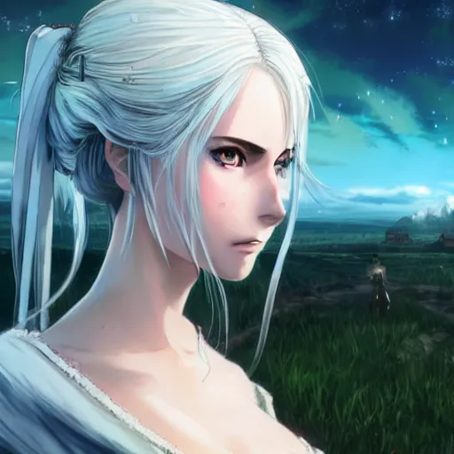 Image similar to anime portrait of ciri from the witcher dressed as a bride, in the background you can see the milky way. official art, key visual, studio lightning, very detailed bd cover, Studio Ghibli, hyperrealistic, artstation H 768