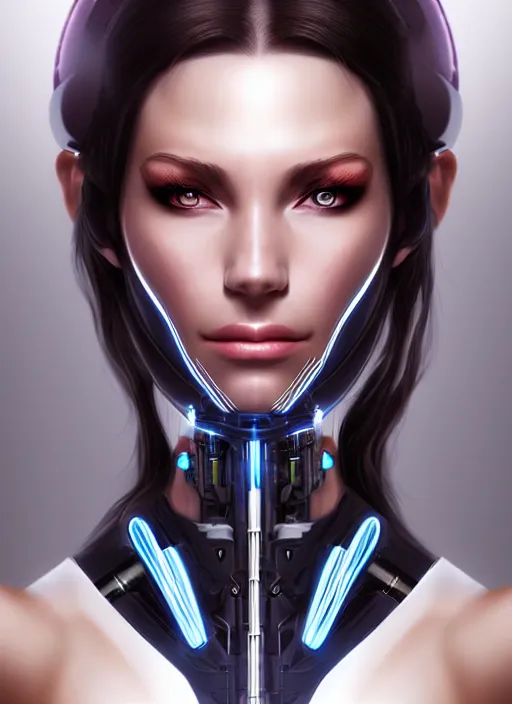 Image similar to portrait of a cyborg woman by Artgerm, face turns left+100 (((((face turns right))))), open eyes , biomechanical, hyper detailled, trending on artstation