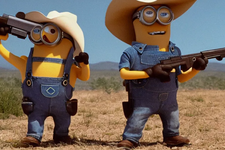 Image similar to minion cowboy holding a gun shootout, 3 5 mm scene from a western movie, 1 9 8 6, color