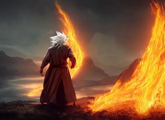 Image similar to gandalf going super saiyan around flames, beautiful landscape, dramatic lighting, cinematic, establishing shot, night time, heavy rain, extremly high detail, photorealistic, cinematic lighting, epic fight scene, post processed, concept art, artstation, matte painting, style by greg rutkowsky