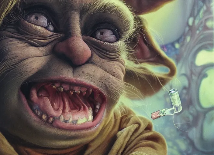 Image similar to a highly detailed portrait of a crazy laughing Yoda on a bad ketamine drug trip, drugs and alcohol littered everywhere, descent into lunacy and madness, dizzy, trippy, artstation, cgsociety, very detailed, intricate, detailed illustration, by artgerm and greg rutkowski and alphonse mucha, sharp, smooth, masterpiece