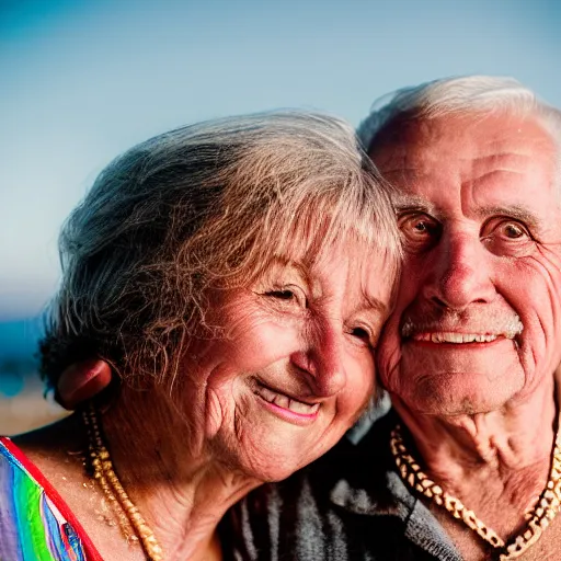 Image similar to a beautiful portrait photo of an older couple in love, beautiful detailed eyes, emotional, faded rainbow, golden hour in pismo California, outdoors, professional award winning portrait photography, Zeiss 150mm f/2.8