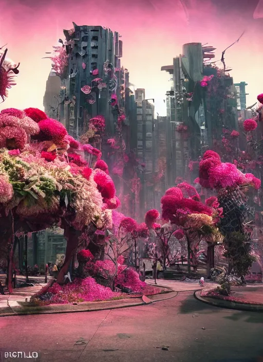 Image similar to A dystopian future in a city made up of the most incredible flowers ever seen, evil, demonic, angelic, flowers, nature, city, environment concept, cinematic, Rendered in Octane, trending on artstation, cgsociety, moody lighting rendered by octane engine, environment 8K artstation, cinematic lighting, intricate details, 8k detail post processing, hyperealistic, octane render, photo realism, visually inspired by Blade Runner 2049