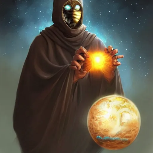 Image similar to masked nomad male wearing a cloak on an alien world and holding a holographic planet projection in his hand, detailed, sci - fi, digital painting, artstation, sharp focus, illustration, ominous, artgerm, tomasz alen kopera, peter mohrbacher, donato giancola, joseph christian leyendecker, wlop, frank frazetta