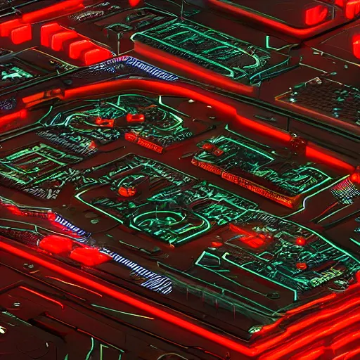 Prompt: photo of a futuristic city in a dystopian future made of electronic components and looks like a giant pcb board. Very detailed 8k. Unreal engine 5 render with nanite, global illumination and path tracing. Cinematic post processing. Emphasize on the colors red and black.