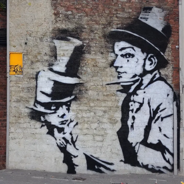 Image similar to Street-art portrait of the Hatter in style of Banksy, photorealism