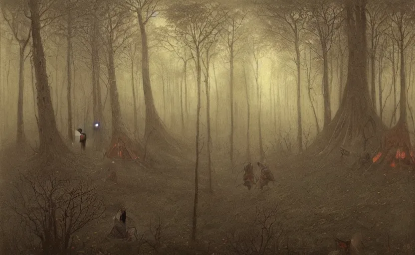 Image similar to demons surround a campsite in the forest by Beksinski, 4k, masterpiece