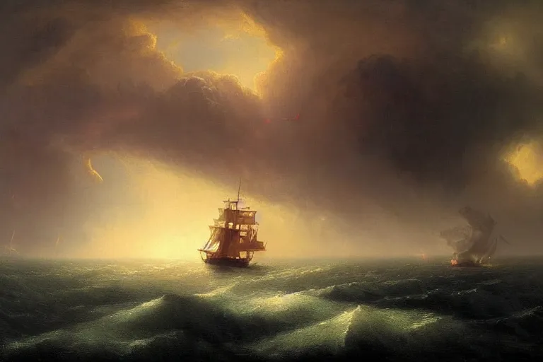 Image similar to A beautiful matte painting of huge spherical alien spaceship attacking with powerful red lasers a Sailship in ocean in thunderstorm by Greg Rutkowski and Ivan aivazovsky