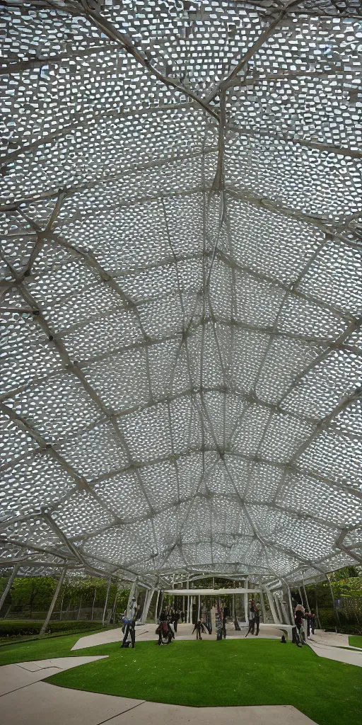 Prompt: inside small pavilion made of large hexagonal rusty steel gridshell by andrew kudless. the garden pavilion is crowded with visitors and in a beautiful park. architectural photography. 4 k, 8 k. volumetric lighting. ten structural vaults. thin columns support roof. ivy hanging from ceiling, white concrete floor.